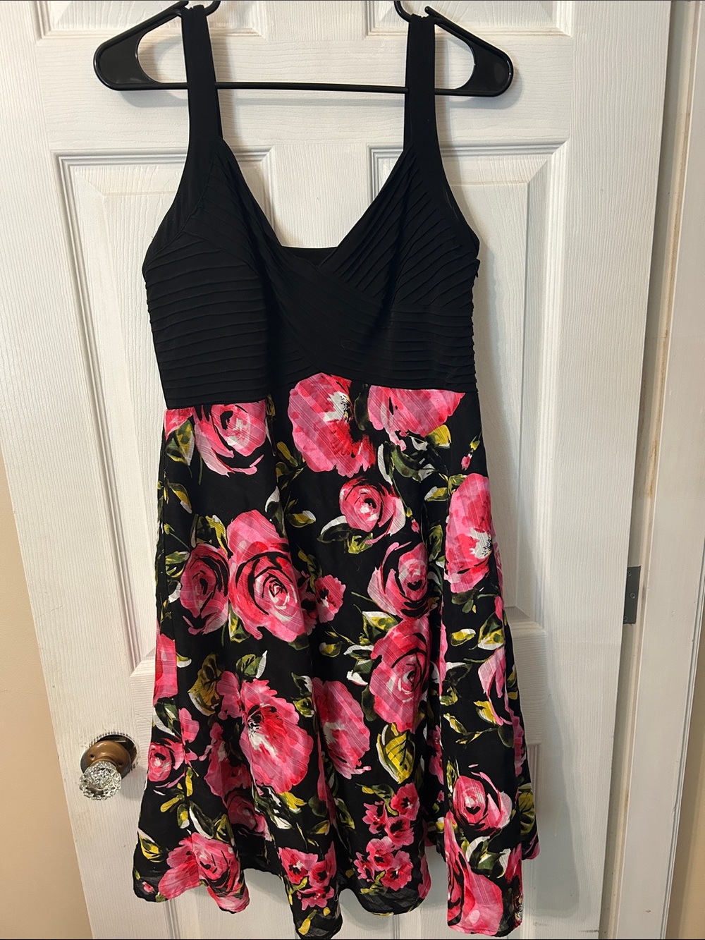 Black Midi Dress with Pink Rose Print